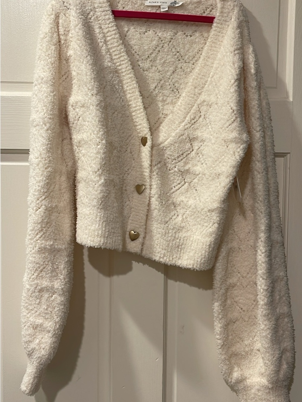 Altar'd State Cream Heart-Button Plush V-Neck Cardigan